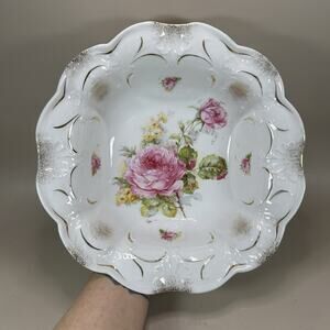 Vintage T.L. Bavaria Porcelain Bowl w/ Gilted Rose Design 10 1/4" Dia.